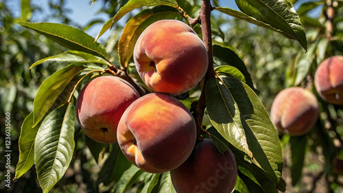 Red ripe peaches on a tree