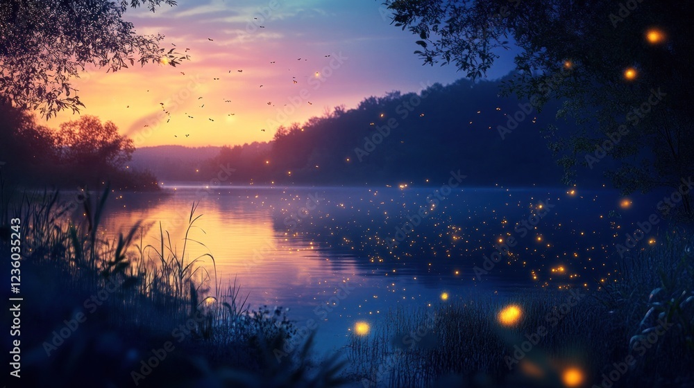 Naklejka premium A serene lakeside scene at sunset with glowing fireflies and soft reflections on water.