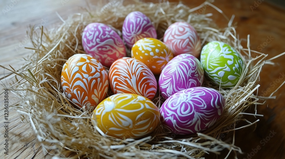 Fototapeta premium Nest of Easter eggs in bright colors with painted pattern. background of Easter decorations. soft light illustration.