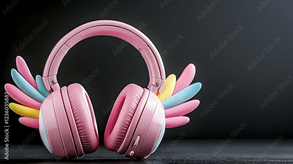 Pink headphones with colorful wings, dark background, music listening Pink headphones with colorful wings, dark background, music listening