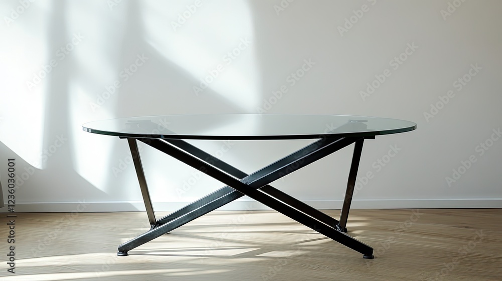 Elegant round glass table with black metal frame casting a shadow on wall Elegant round glass table with black metal frame casting a shadow on wall