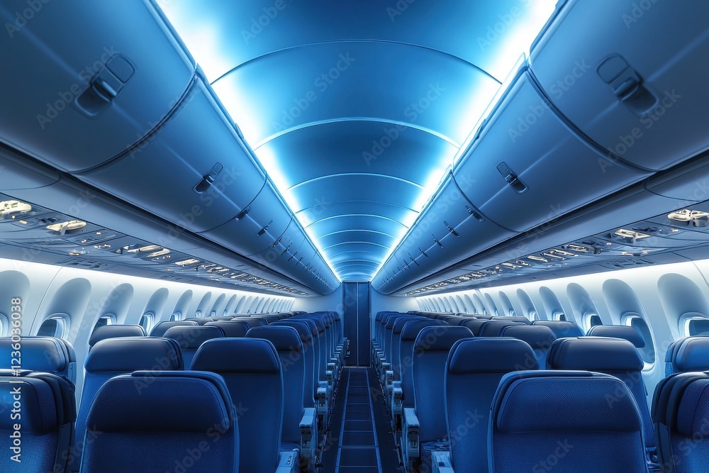 Inside a modern airplane cabin showcasing innovative design and spacious seating arrangements for travelers Inside a modern airplane cabin showcasing innovative design and spacious seating arrangements for travelers
