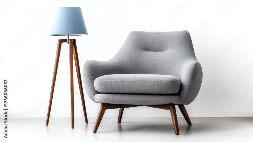Obraz premium Grey sofa chair, wooden frame desk lamp