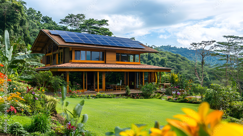A solar-powered home set within a lush, green environment with flourishing trees and colorful flowers, promoting a sustainable lifestyle with the use of renewable energy.A solar-powered home set withi A solar-powered home set within a lush, green environment with flourishing trees and colorful flowers, promoting a sustainable lifestyle with the use of renewable energy.A solar-powered home set withi