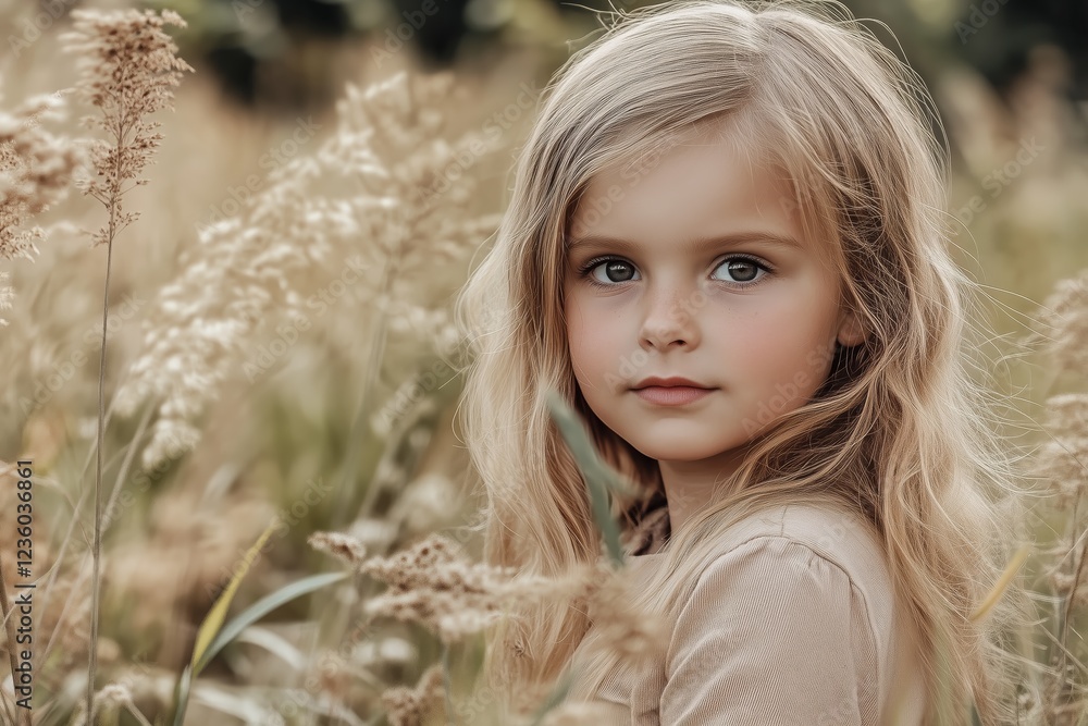Blonde girl standing in a field looking at the camera Blonde girl standing in a field looking at the camera