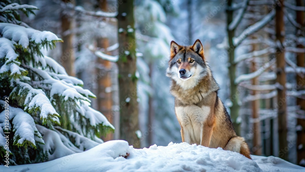 Obraz premium Eurasian wolf sitting on snowy forest floor surrounded by tall trees and snow-covered rocks, Snowy Forest