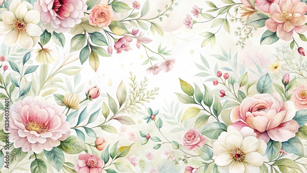 Fototapeta Delicate watercolor floral patterns on a soft white background with intricate details and subtle shading, background