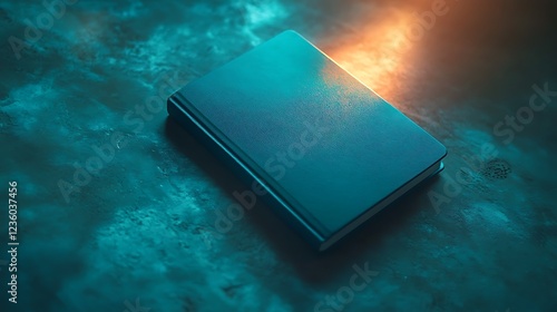 Teal notebook on marble surface, spotlight effect, mockup photo