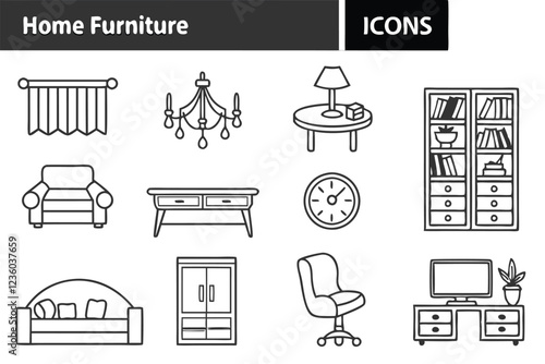  minimalist line drawings of various home furniture items, The furniture items include a radiator, chandelier, bed, table, chair, sofa, bookshelf, TV, computer, desk, lamp, plant, and more. The drawin