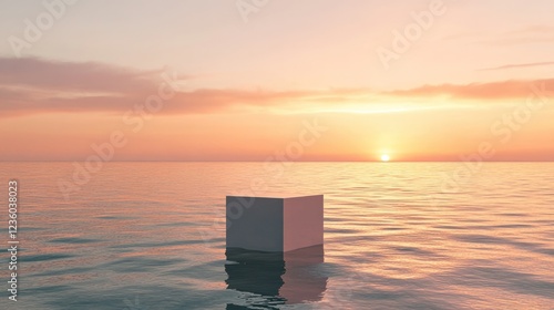 A Mediterranean seascape at sunset, featuring pastel tones and a small reflective cube highlighting the minimalist aesthetic.