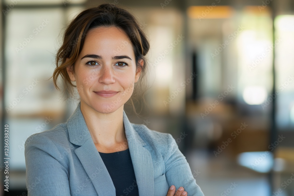 Corporate executive gazing confidently at camera within office setting Corporate executive gazing confidently at camera within office setting
