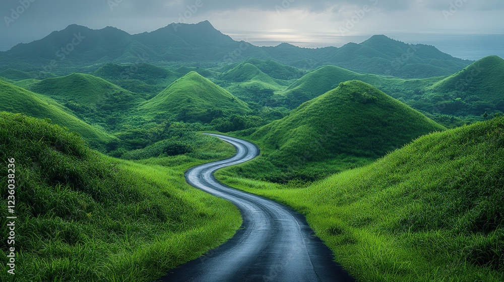 Fototapeta premium Serene Winding Road Through Lush Green Landscape with Rolling Hills and Mountains Under Dramatic Cloudy Sky