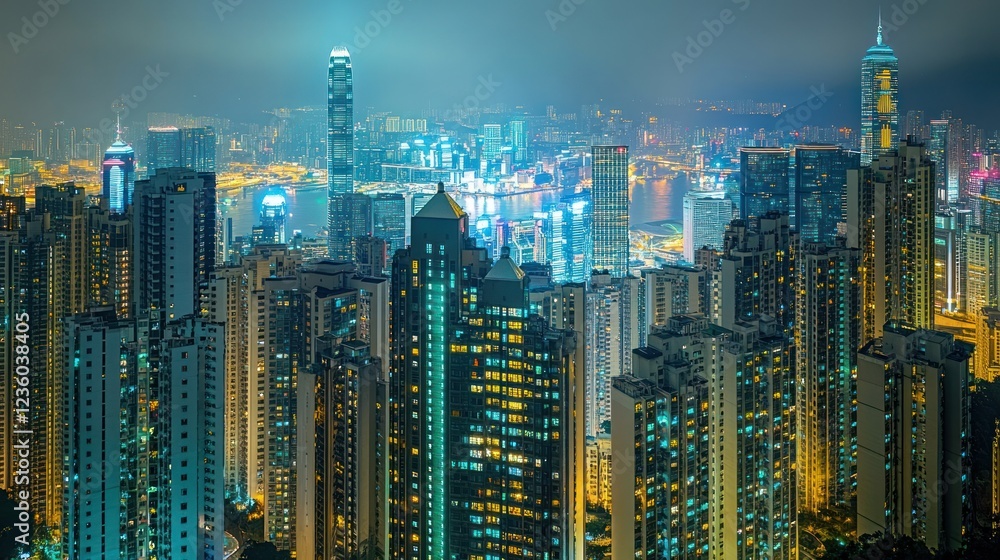 Fototapeta Night Hong Kong Skyline, Aerial View, Cityscape, Buildings, Lights