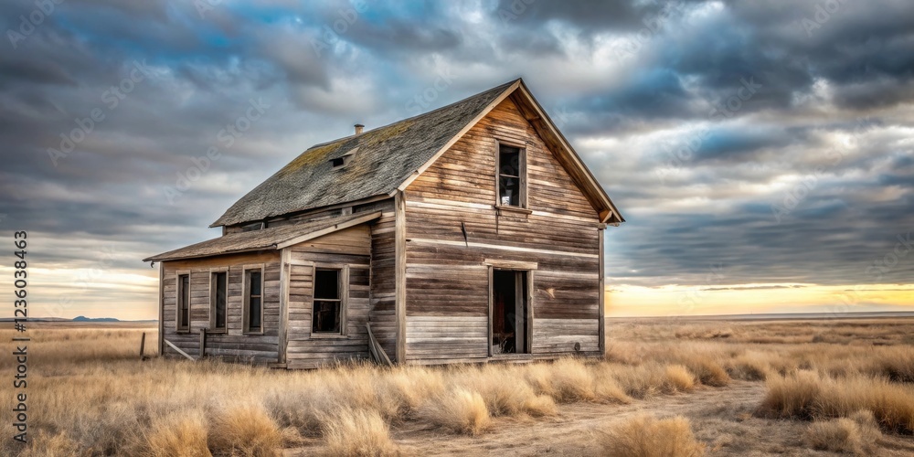 A weathered wooden farmhouse stands alone in a field of tall grass, with a dramatic sky overhead and a setting sun painting the horizon with soft hues. A weathered wooden farmhouse stands alone in a field of tall grass, with a dramatic sky overhead and a setting sun painting the horizon with soft hues.