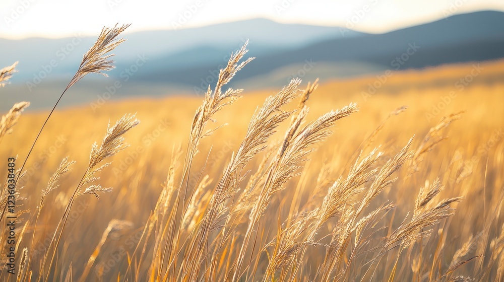 Fototapeta premium A close-up of tall grass swaying in the wind with mountains in the background