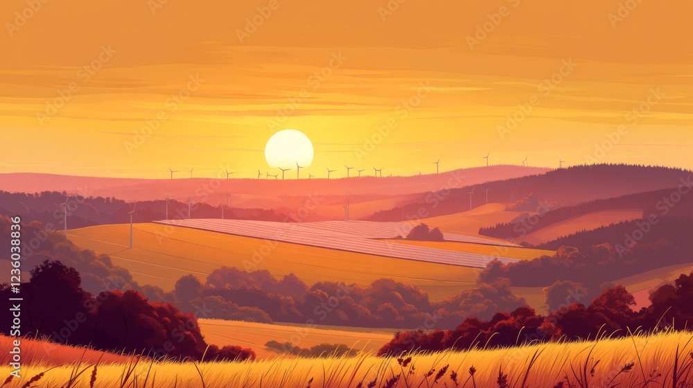 Fototapeta premium Serene Sunset Landscape with Wind Turbines and Golden Fields
