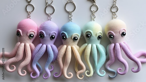  miniature crochet octopus keychain, approximately 2-3 inches in size, suspended from a delicate silver-toned chain and clasp, featuring eight intricately crafted wavy tentacles,  photo