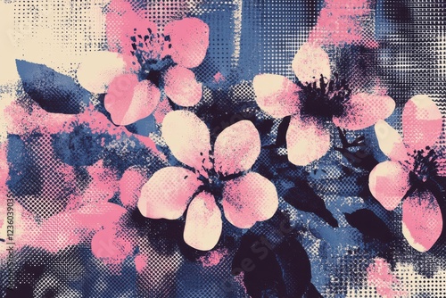 Floral textures with grunge aesthetics for punk collage projects, perfect for posters and banners in a classic halftone brutalist style photo