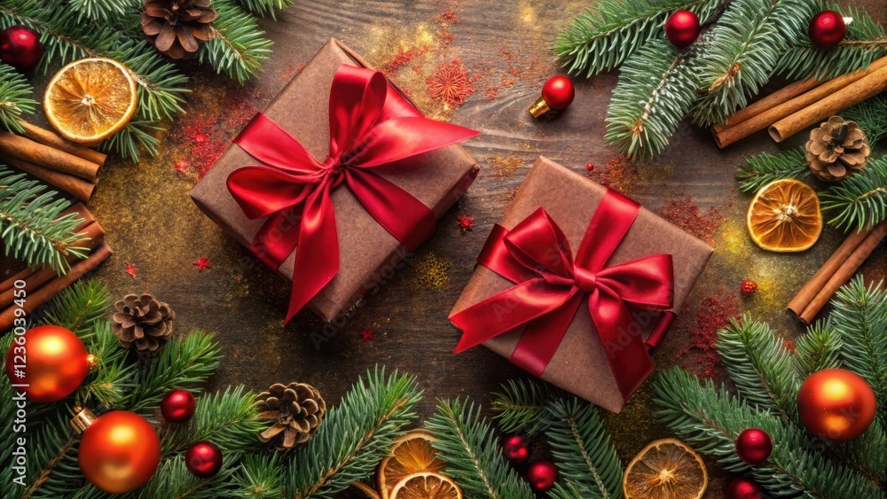 Festive Christmas Background with Gifts Wrapped in Brown Paper and Adorned with Red Ribbon, Surrounded by Pine Branches, Cinnamon Sticks, Dried Orange Slices and Ornaments Festive Christmas Background with Gifts Wrapped in Brown Paper and Adorned with Red Ribbon, Surrounded by Pine Branches, Cinnamon Sticks, Dried Orange Slices and Ornaments