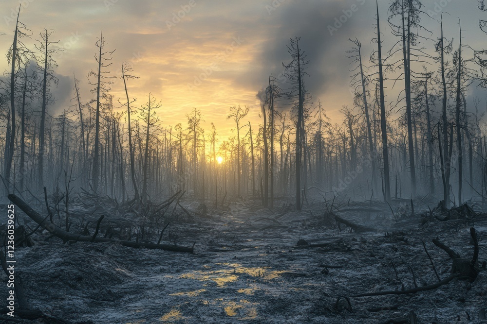 Smoldering Forest with Burnt Trees at Sunrise, selective focus Smoldering Forest with Burnt Trees at Sunrise, selective focus