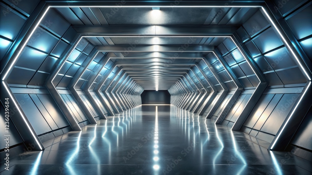 Obraz premium Futuristic corridor with hexagonal shaped walls and bright blue lights reflecting on the polished floor