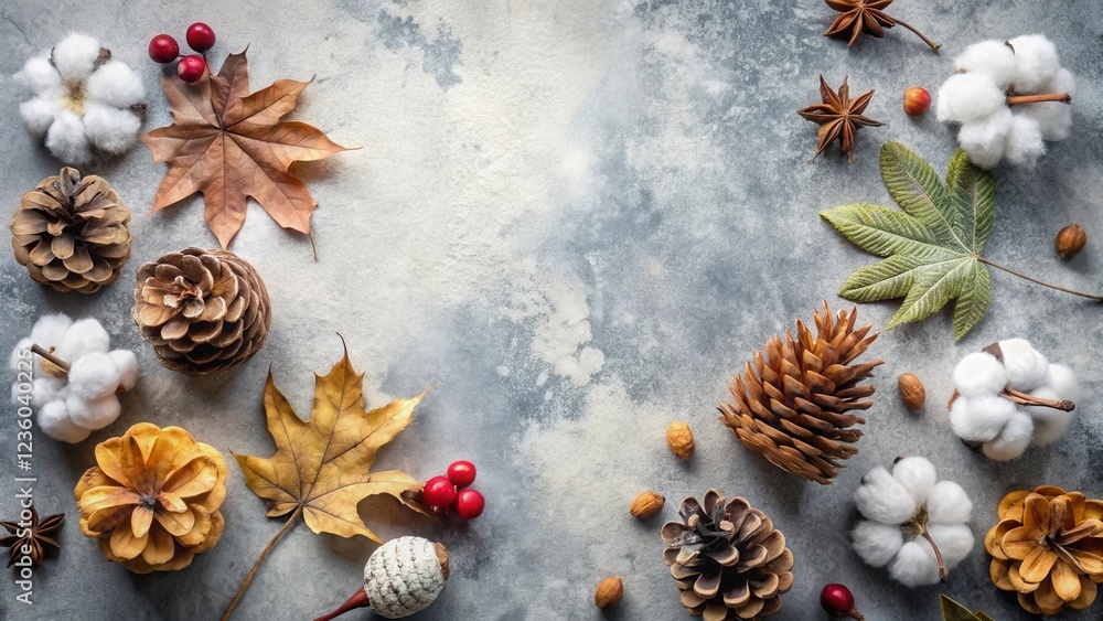 Fototapeta premium Autumnal Still Life with Pine Cones, Cotton, and Leaves on a Grey Background