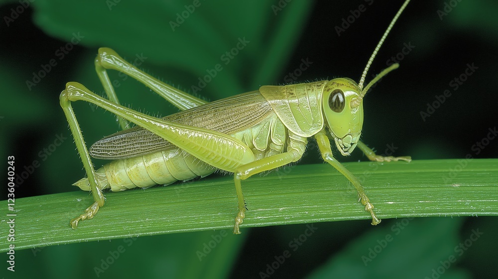 Green Grasshopper on Leaf Macro Photography Green Grasshopper on Leaf Macro Photography