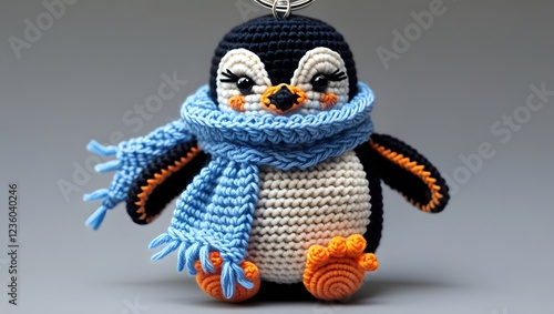 crochet penguin keychain with a plush, rounded belly, bright orange feet featuring three tiny toes, and a soft, cozy blue knitted scarf wrapped snugly around its neck, with subtle texture and gentle  photo