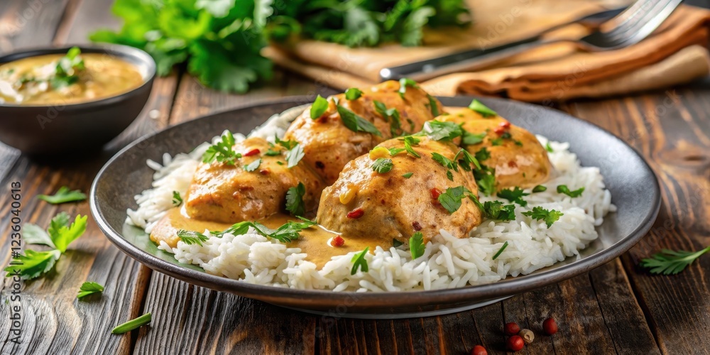 A juicy chicken piece cooked in a creamy sauce served over steaming basmati rice with fresh herbs and spices , creamy sauce, chicken fricassee A juicy chicken piece cooked in a creamy sauce served over steaming basmati rice with fresh herbs and spices , creamy sauce, chicken fricassee