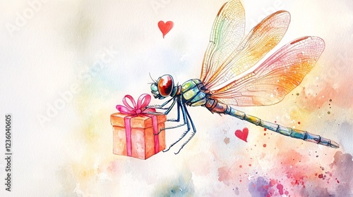 Watercolor Dragonfly Holding Present for Valentine's Day Celebration