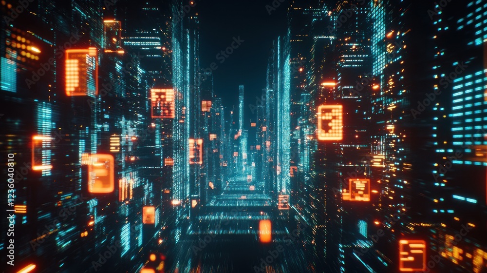 Neon Cityscape Data streams flow through futuristic buildings at night, ideal for tech backgrounds Neon Cityscape Data streams flow through futuristic buildings at night, ideal for tech backgrounds
