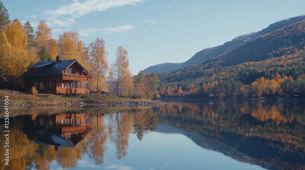 Fototapeta premium A serene lakeside view featuring a wooden cabin surrounded by autumn foliage and mountains.