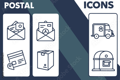 A collection black and white minimalist line art icons arranged, each representing a different aspect of postal services. Icons include a mailbox, envelope, postcard, package, delivery truck, and more