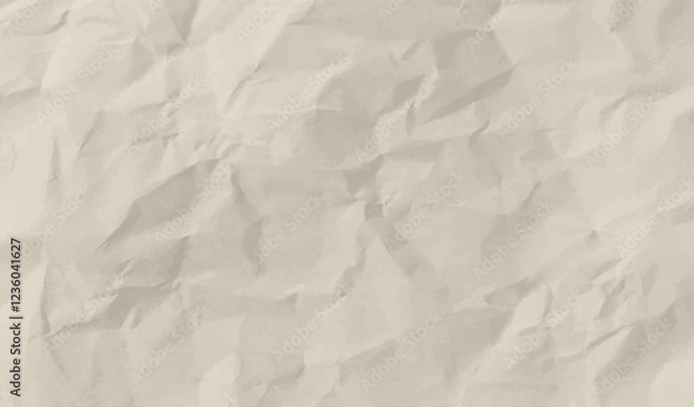 Obraz premium Neutral beige crumpled paper, vector background texture. Wrinkled creased worn sheet