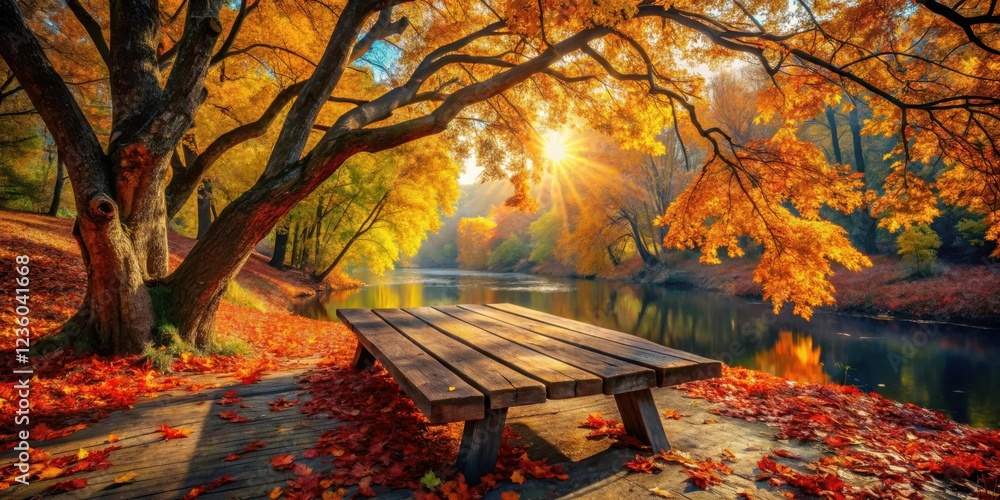 A wooden bench sits beside a tranquil river under a canopy of vibrant autumn leaves, bathed in the warm glow of sunrise. A wooden bench sits beside a tranquil river under a canopy of vibrant autumn leaves, bathed in the warm glow of sunrise.