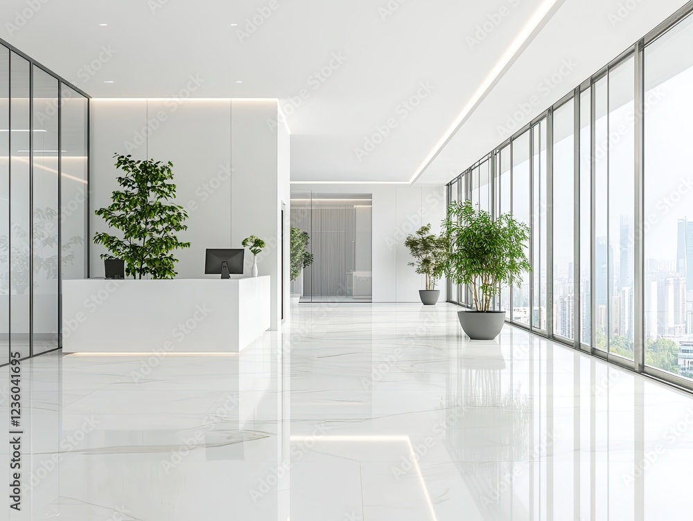 Fototapeta premium Bright modern office lobby with large windows and plant decorations and white marble floor