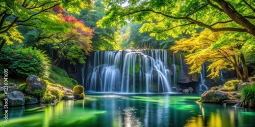 A Serene Waterfall Cascades Through Lush Greenery, Creating a Tranquil Oasis in the Heart of Nature