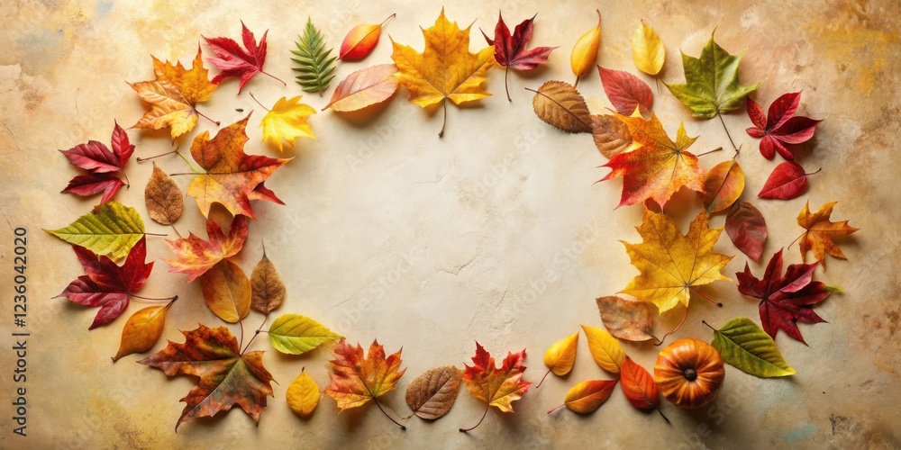 Autumnal foliage arranged in a circular frame on a beige background, creating a warm and inviting space for text or design elements. Autumnal foliage arranged in a circular frame on a beige background, creating a warm and inviting space for text or design elements.