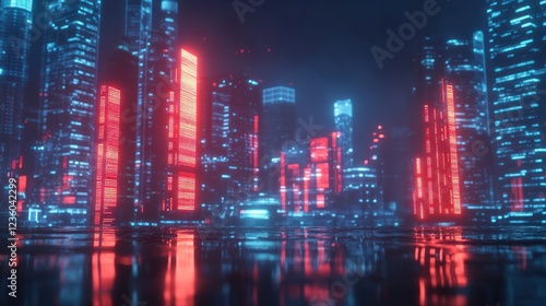 Wallpaper Mural Neon city skyline, futuristic cityscape reflecting, night, digital art, game background Torontodigital.ca