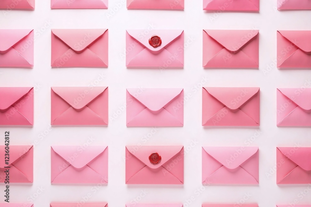 grid of pink envelopes with heart wax seal white background grid of pink envelopes with heart wax seal white background