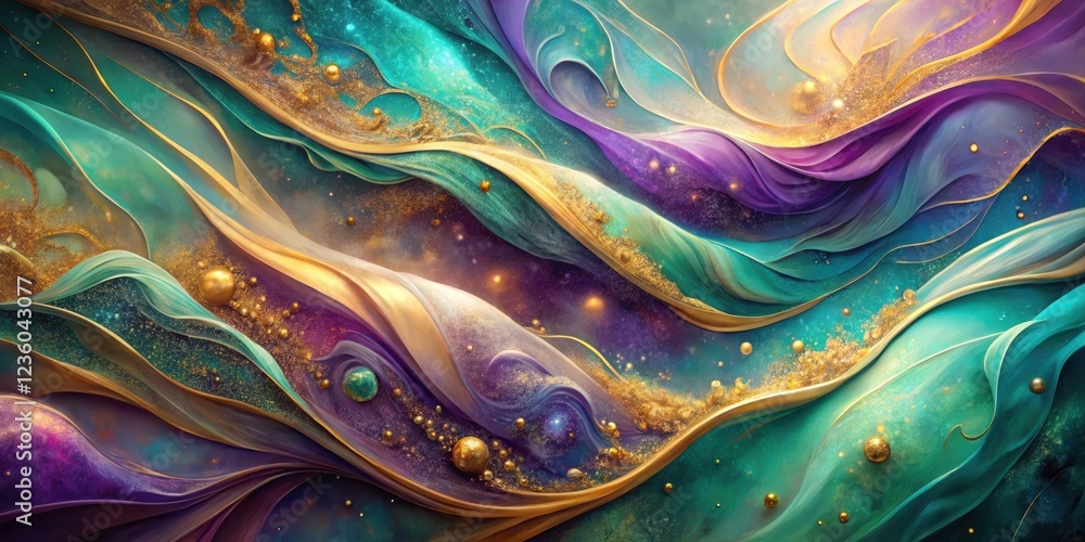 Fototapeta premium Abstract Cosmic Landscape with Flowing Gold and Glittering Dust
