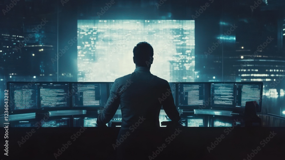 Fototapeta premium Hacker observing city data streams at night, code on monitors