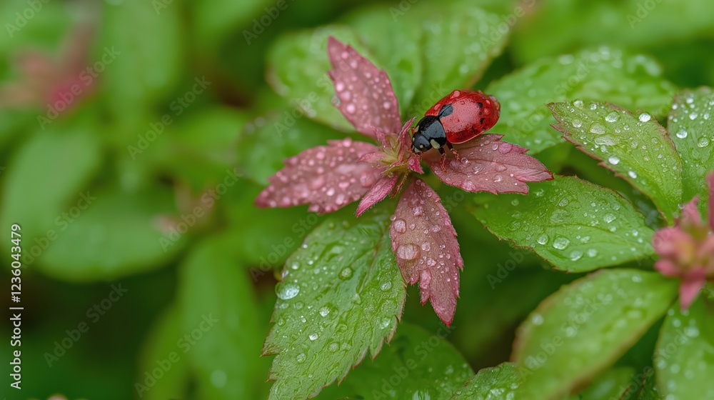 Red Ladybug on Dew Covered Leaves Green and Red Foliage Closeup Macro Shot Red Ladybug on Dew Covered Leaves Green and Red Foliage Closeup Macro Shot