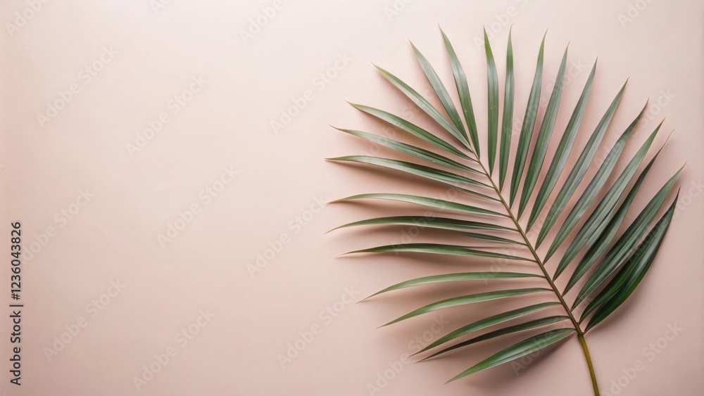 Obraz premium A single green palm frond, with its elegant curves and delicate leaflets, contrasts beautifully against the soft blush of the background, creating a minimalist and sophisticated aesthetic.