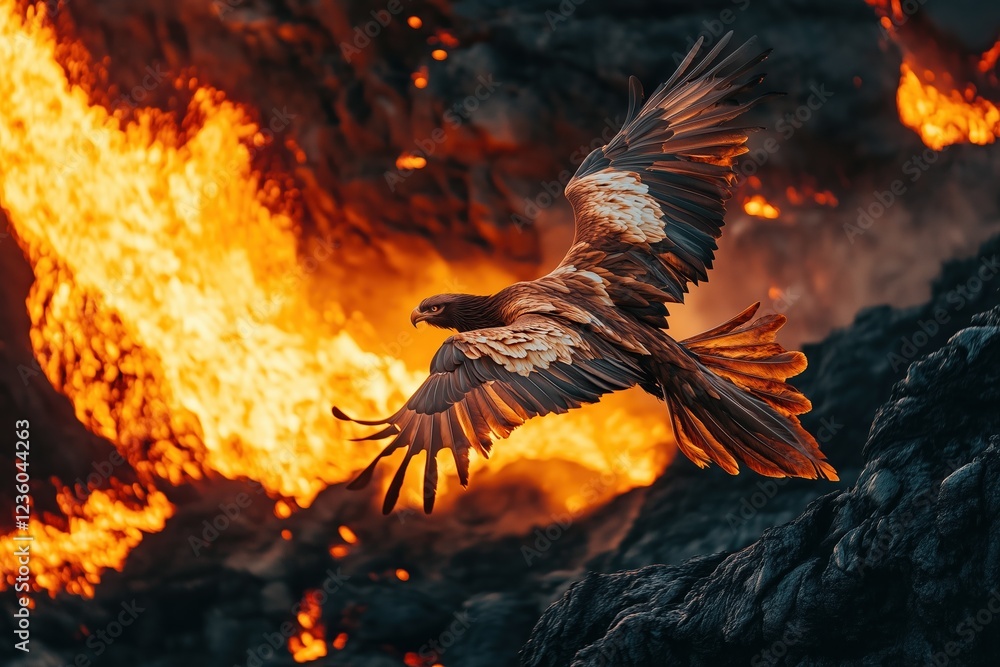 Mythical phoenix soars through volcanic landscape with flowing lava Mythical phoenix soars through volcanic landscape with flowing lava