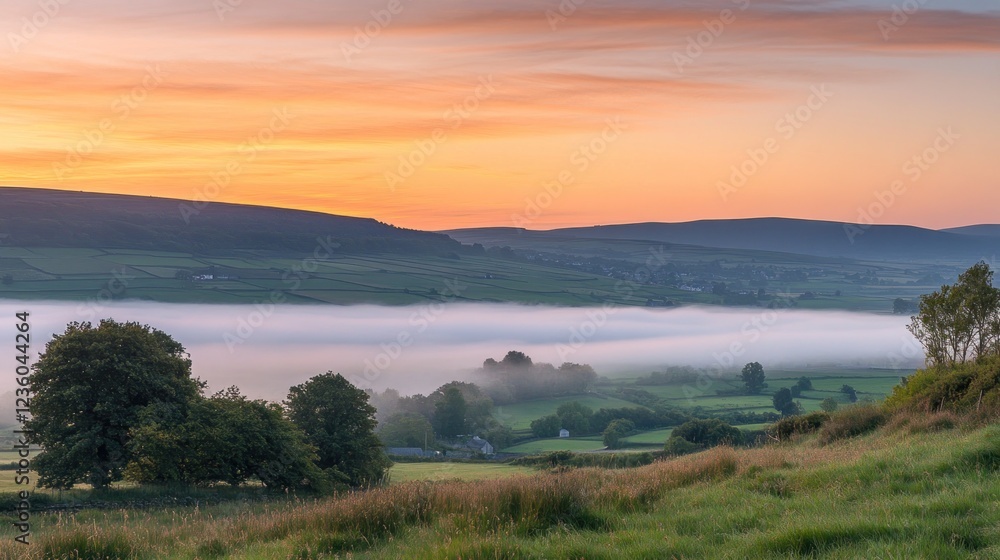 A serene landscape at dawn with mist covering fields and rolling hills. A serene landscape at dawn with mist covering fields and rolling hills.