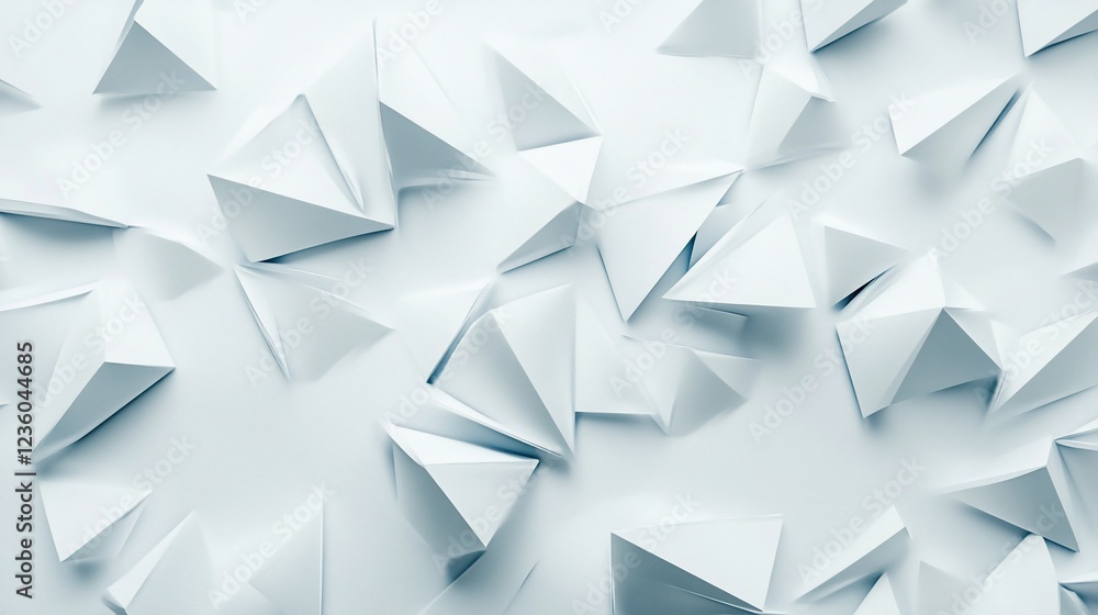 Abstract white 3D geometric shapes arranged randomly creating a minimal pattern Abstract white 3D geometric shapes arranged randomly creating a minimal pattern