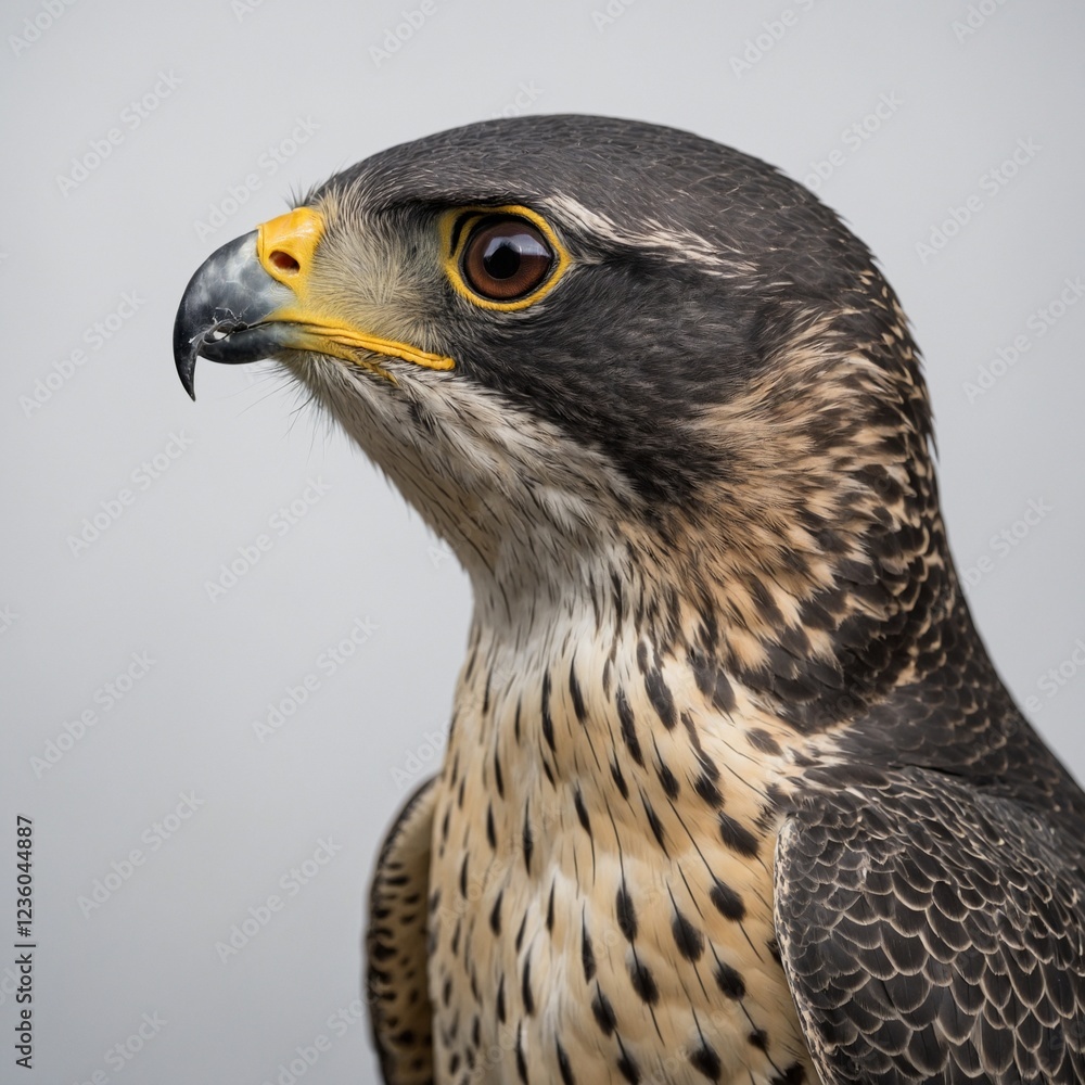 A Peregrine Falcon captured in soft profile lighting, emphasizing its noble and aerodynamic form against a white background. A Peregrine Falcon captured in soft profile lighting, emphasizing its noble and aerodynamic form against a white background.