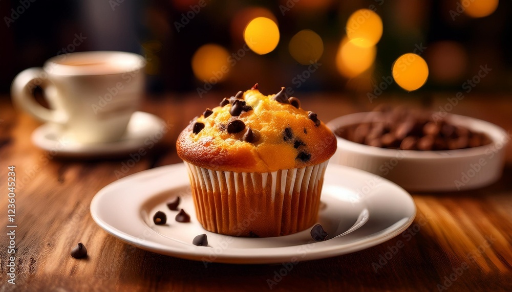 delicious portion of muffin with Choco chip on top, served on an elegant white plate delicious portion of muffin with Choco chip on top, served on an elegant white plate