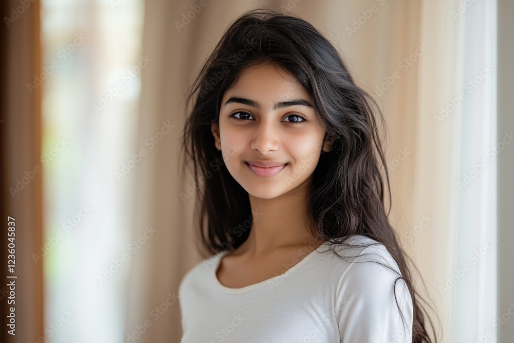 Indian girl smiling confidently while standing in her home office Indian girl smiling confidently while standing in her home office